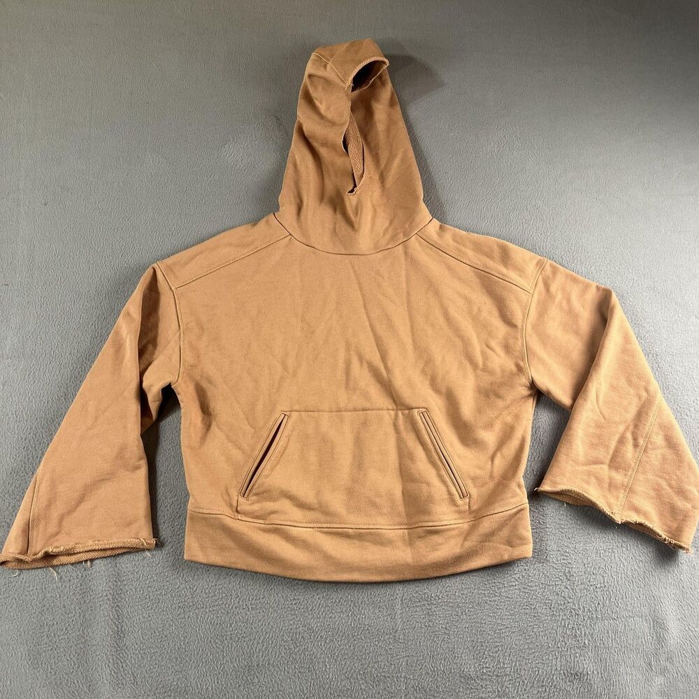 Alo Yoga Hoodie Womens Small Brown Cropped Raglan Sleeve Kangaroo Pocket Raw Hem